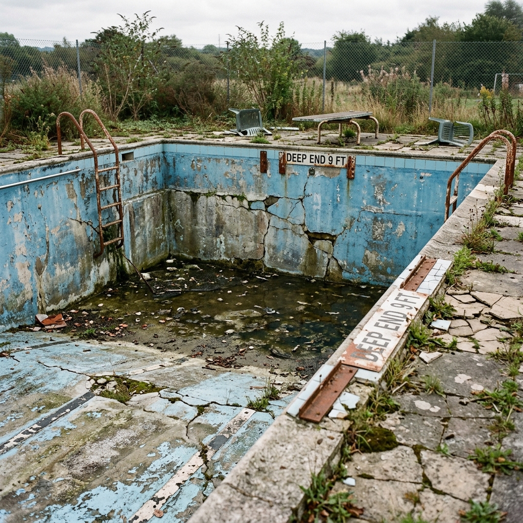 Antes: piscina con revestimiento antiguo antes de rehabilitación integral en Garrapinillos