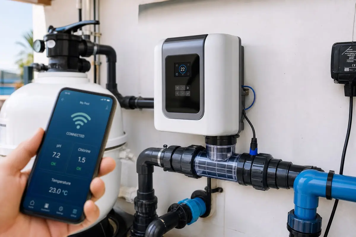 Clorador salino en depuradora de piscina controlado por WiFi desde el móvil, equipamiento inteligente en Zaragoza