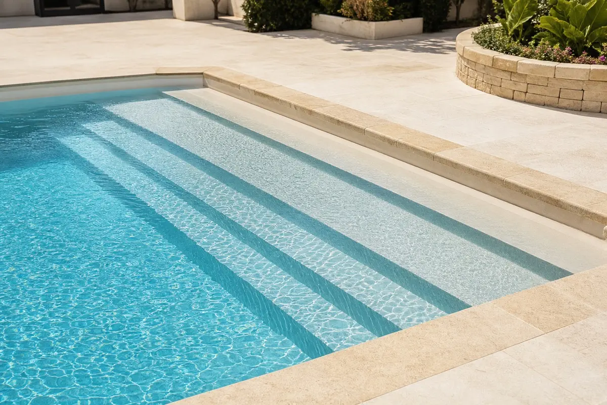 Piscina con agua turquesa, escaleras de obra a lo ancho y coronación en piedra en Zaragoza