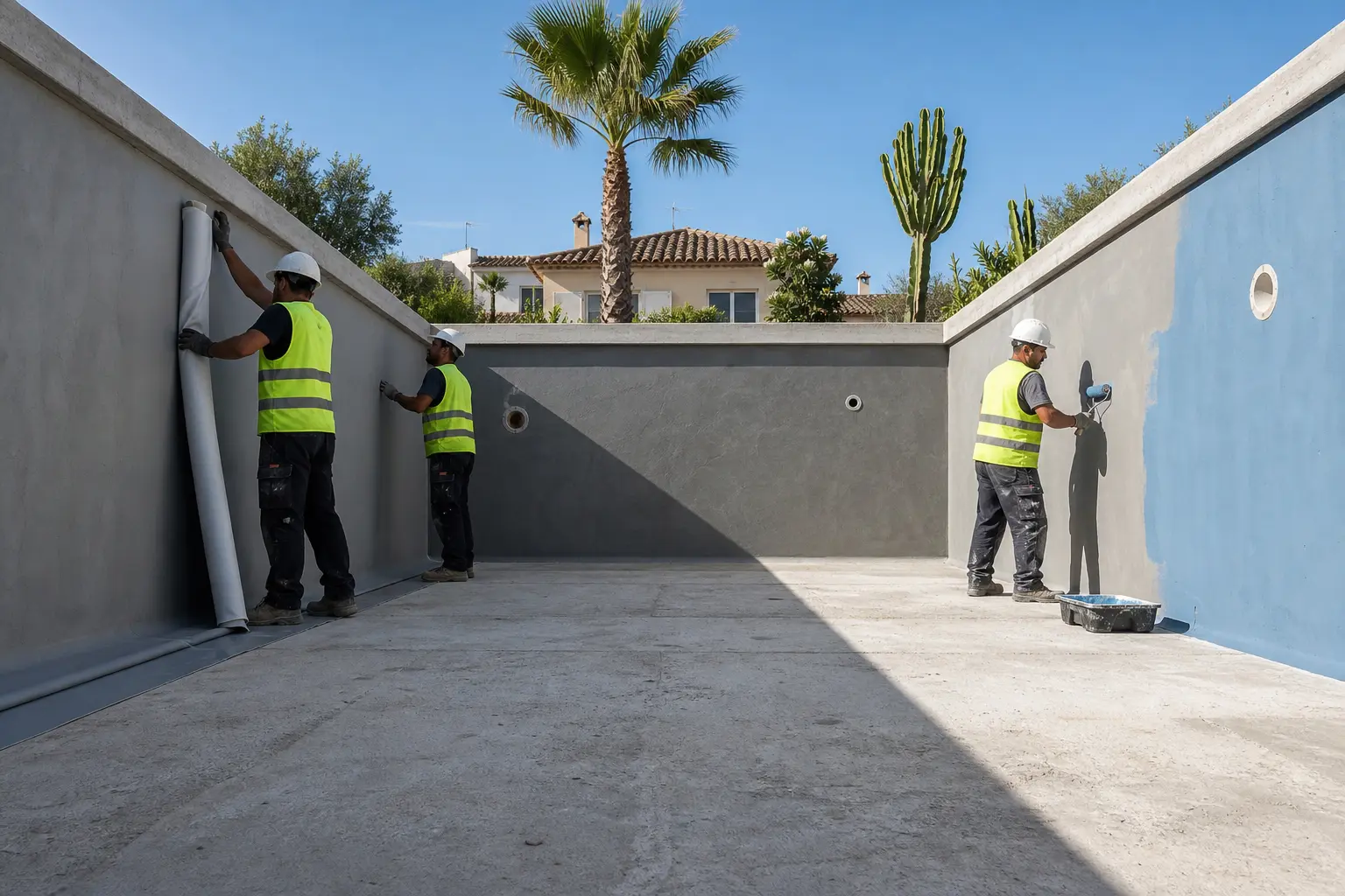 Rehabilitación de piscina rectangular: obreros dentro del vaso colocando lámina impermeable y pintando